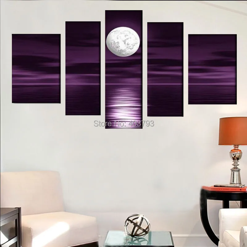 

100% Hand Painted Abstract Oil Painting on Canvas Purple Skyline Sea White Full Moon Night Wood Landscape Wall Art Painting