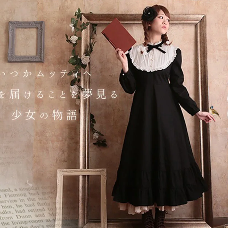 Harajuku, весеннее винтажное черное платье для женщин, Mori Girl, Ретро стиль, длинный рукав, бант, элегантное женское платье, каваи, Лолита, платье принцессы, A167