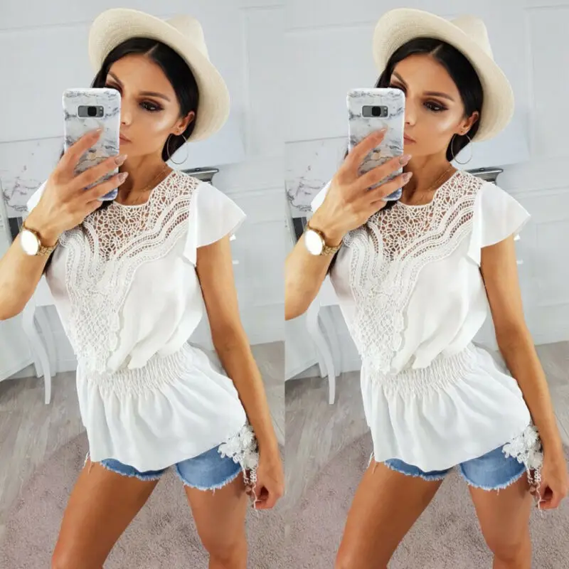 Летние Новые Модные женские свободные топы с коротким рукавом Блузка Ажурные