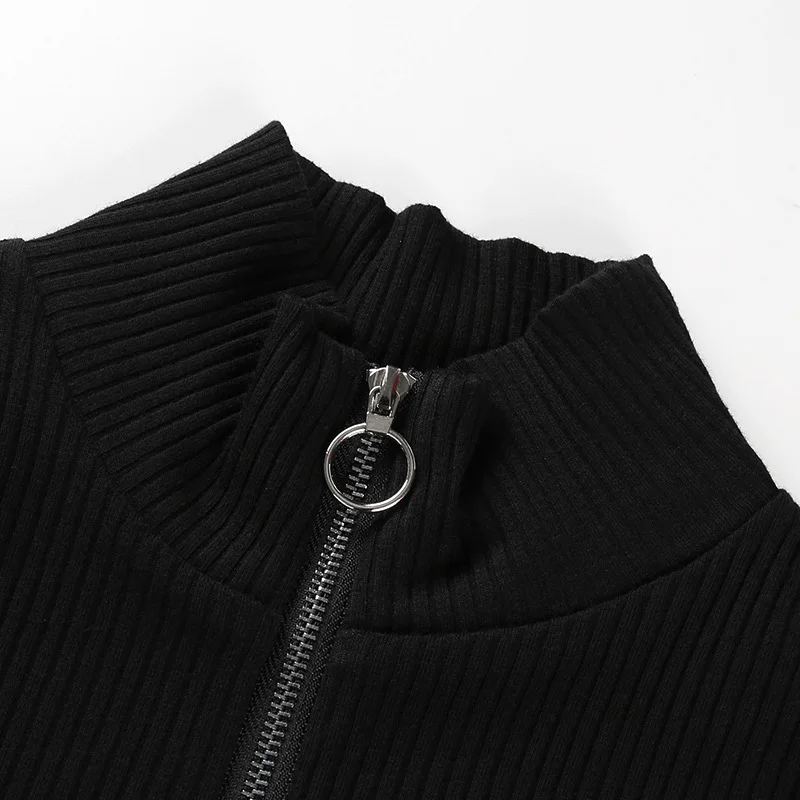 

Lady Black Turtleneck Bodycon Bodysuits Knit Stripe Long Sleeve Bodysuit Women Autumn Metal Ring Zipper Plain Elegant Bodysuits
