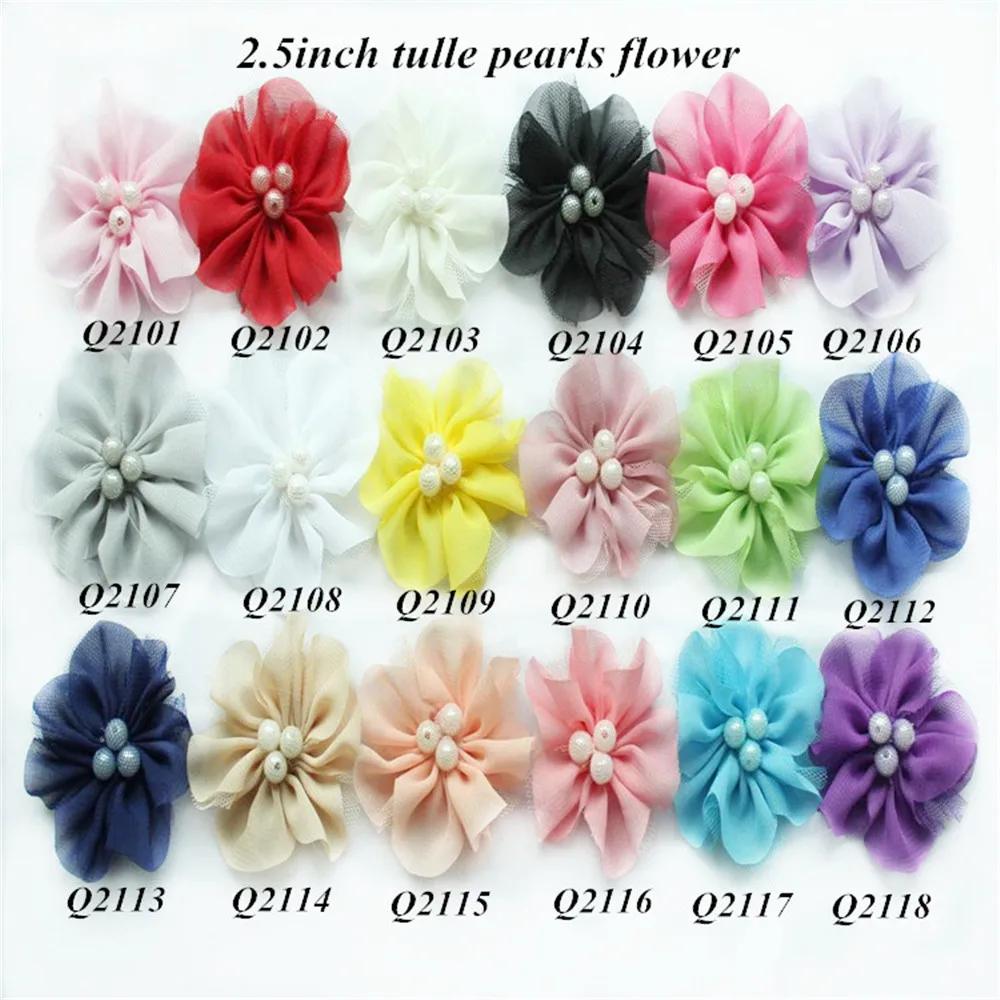 

Chiffon tulle pearl center Flower beads shabby chiffon Flower 40pcs/lot free shipping for headband Hair Accessories