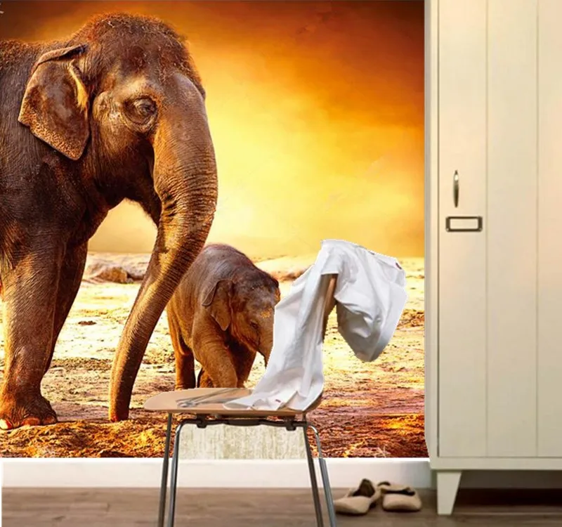 Custom mother elephant and baby under sunset wallpaper papel de parede hotel living room sofa TV wall bedroom mural 3d | Обустройство