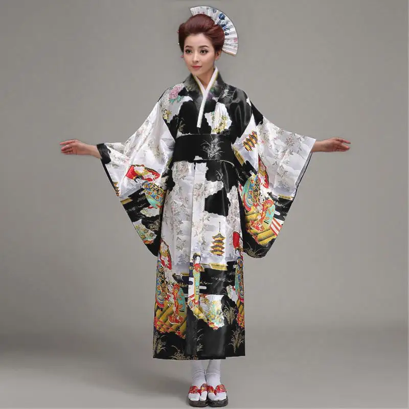 Горячая Распродажа модное женское кимоно юката Haori с Obi в японском стиле вечернее платье азиатская Одежда Цветок Один размер - Цвет: Black
