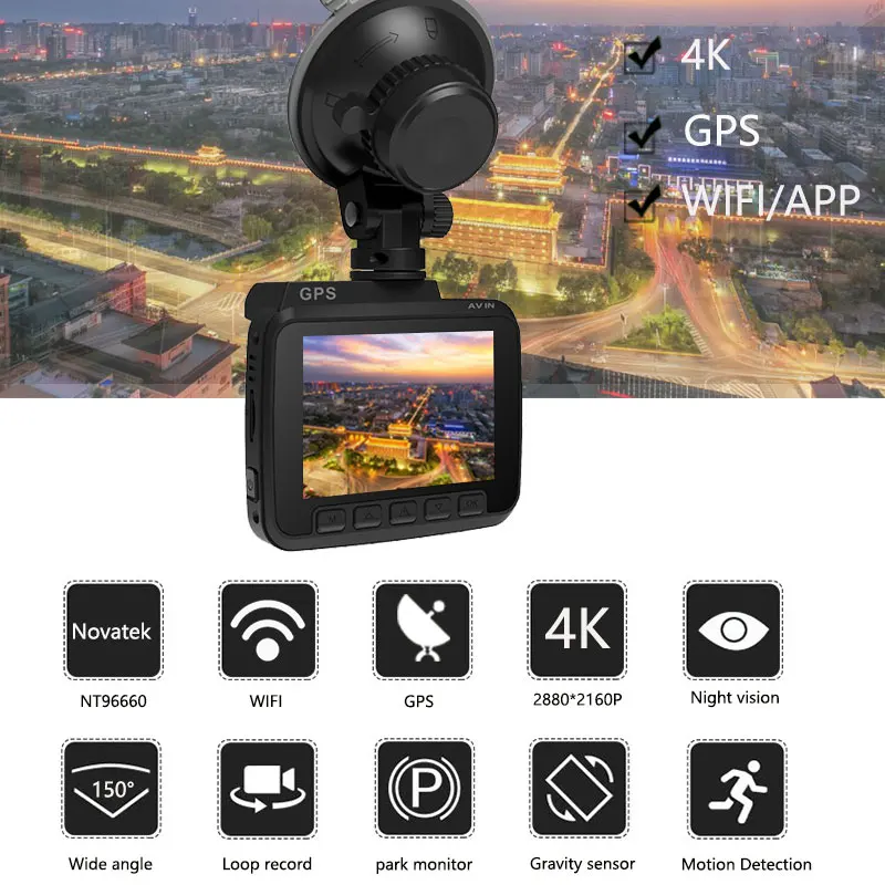 Автомобильный видеорегистратор Novatek 96660 Wi Fi 4K 2160P GPS две камеры ночное видение