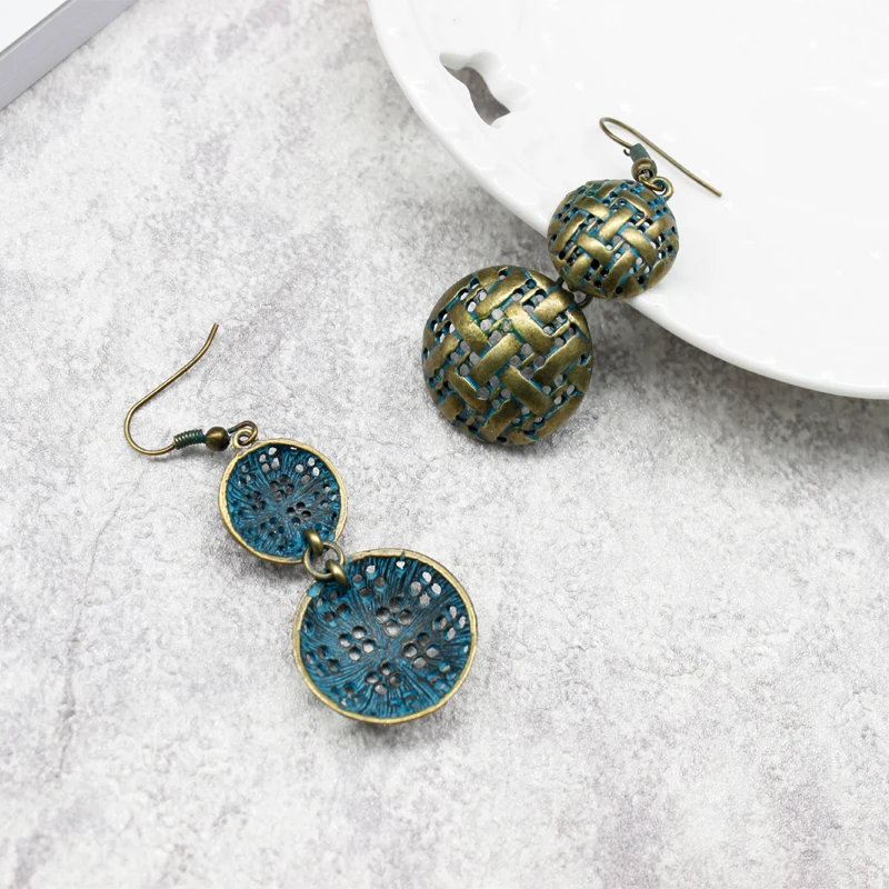 Серьги капельки в форме зеленой бронзы антикварные текстурированные богемные