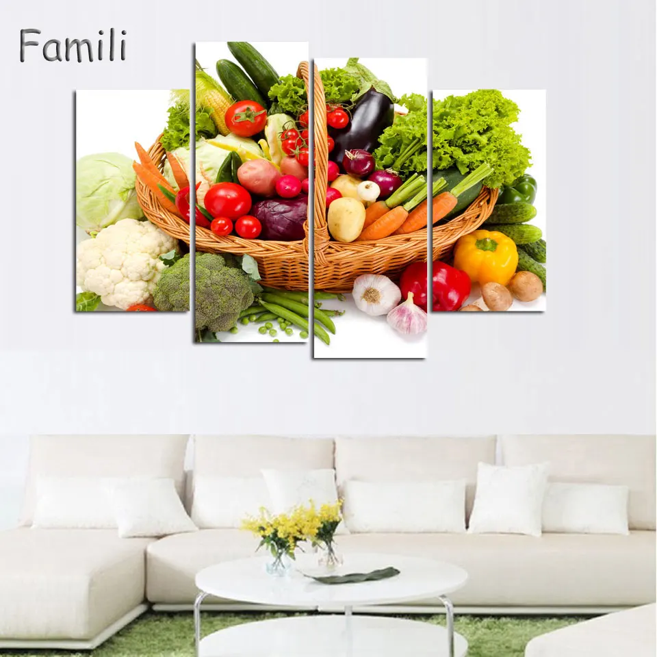 Картина Настенная из 4 предметов рисунок на холсте с изображением овощей и