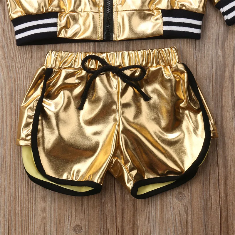 arrival Toddler Baby Girl Clothes Set Autumn Long Sleeve Gold Shining Zip Top Coat Jacket Shorts Girls Clothing 2Pcs Outfits | Мать и