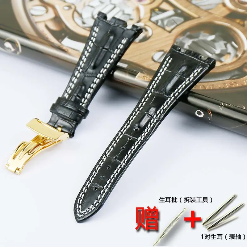 Gold buckle 28 мм мужской деловой высококачественный кожаный ремешок для AP Серии кожаный ремешок для женщин спортивный водостойкий ремешок бабочка пряжка аксессуары - Цвет ремешка: Gold buckle