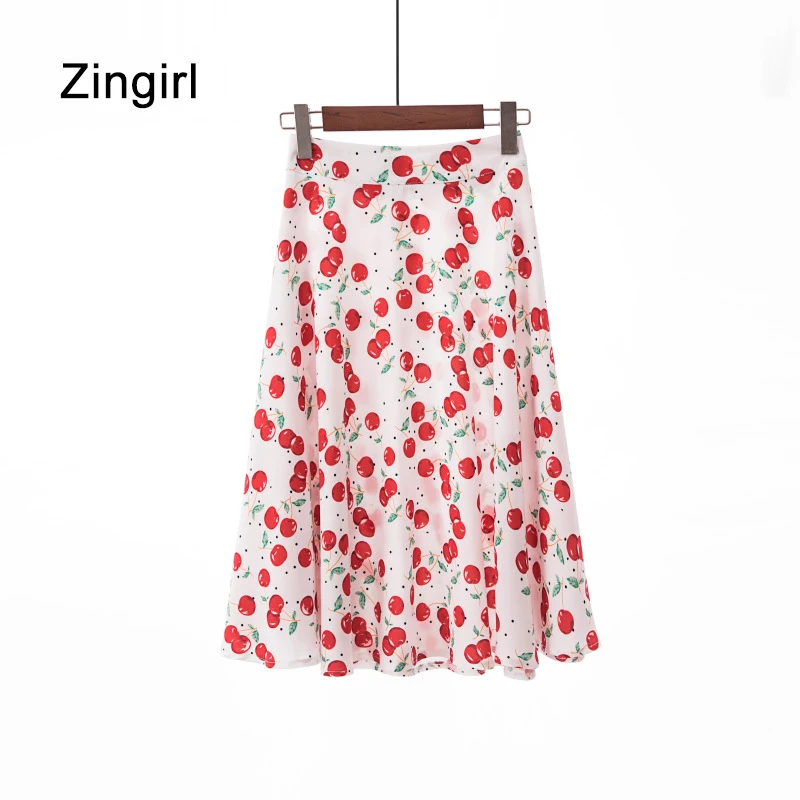 Zingirl Повседневное свободные Вишневый принт Для женщин юбки Элегантный молнии