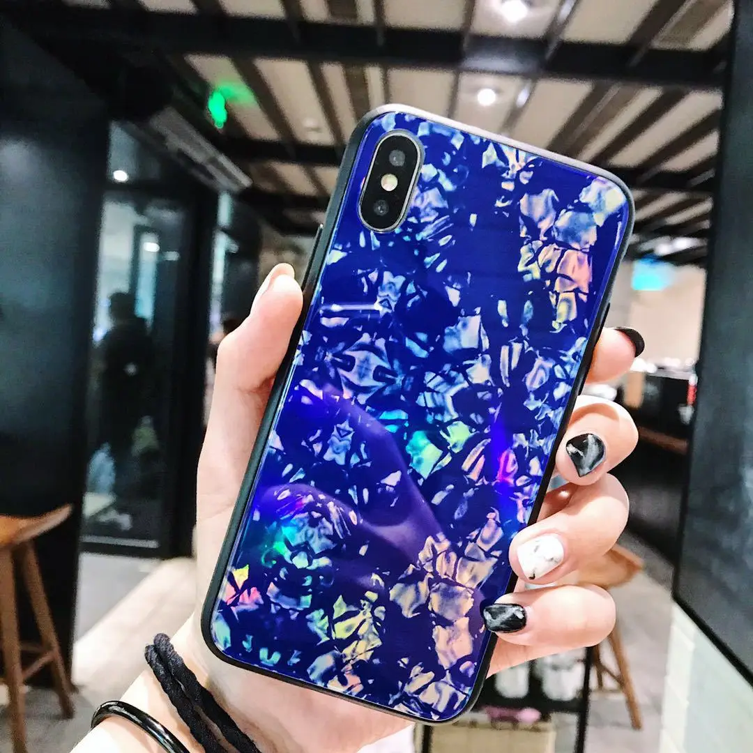 Luxury laser Tempered Glass aurora Colorful TPU case for iphone 7 plus 8 6/6s Scratchproof X cover |