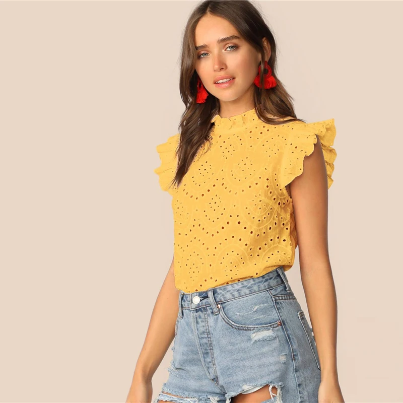 SHEIN модный топ с рюшами, вышивкой и ушками, Boho, белый, розовый, однотонный, без рукавов, со стоячим воротником, блузка, Женские топы и блузки
