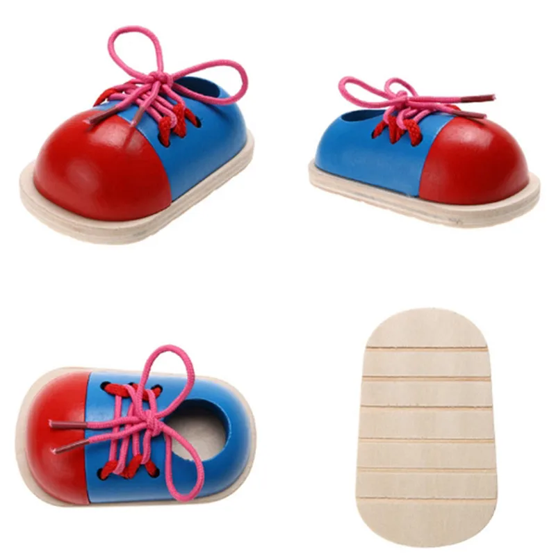 Обучающие игрушки Монтессори для детей деревянные обувь на шнурках творческие