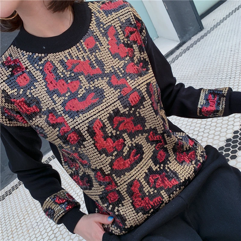 Высококачественные вязаные костюмы с блестками и бусинами женский свитер