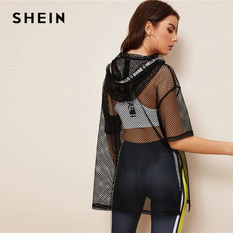 SHEIN, черный топ с капюшоном с буквенным принтом и сеткой, Длинный топ, женская летняя футболка с заниженным плечом, рукав до локтя, Повседневная Уличная футболка, топы