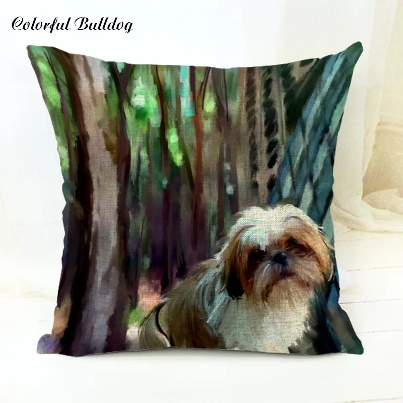 6 Милая мультяшная собачка, картина маслом, Shih Tzu, Наволочка на подушку, 17 дюймов, льняная декоративная домашняя подушка для сиденья автомобиля, осенняя подушка для леса - Цвет: 6