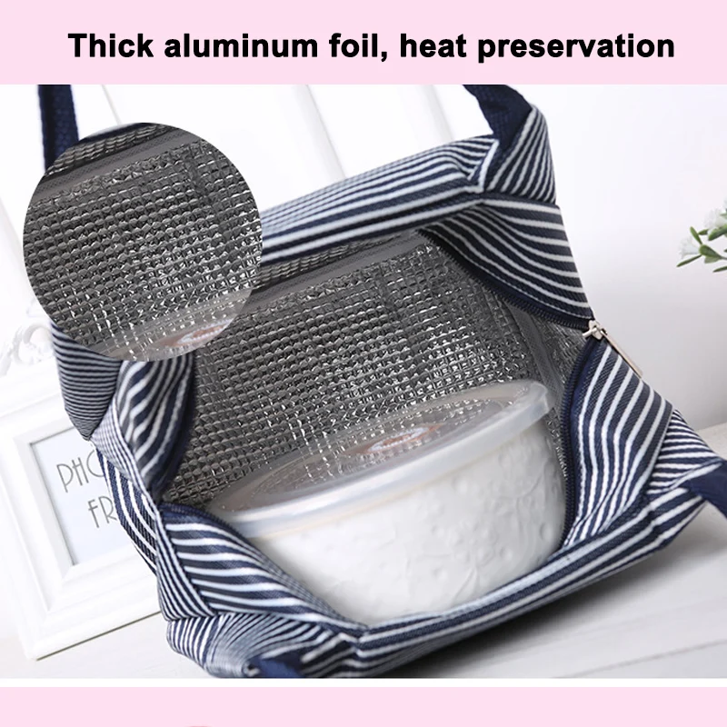 WALFOS Portable Lunch Bag Canvas Stripe Insulated Cooler Bags Thermal Food Picnic Lunch Bags Kids Lunch Box Bag Tote