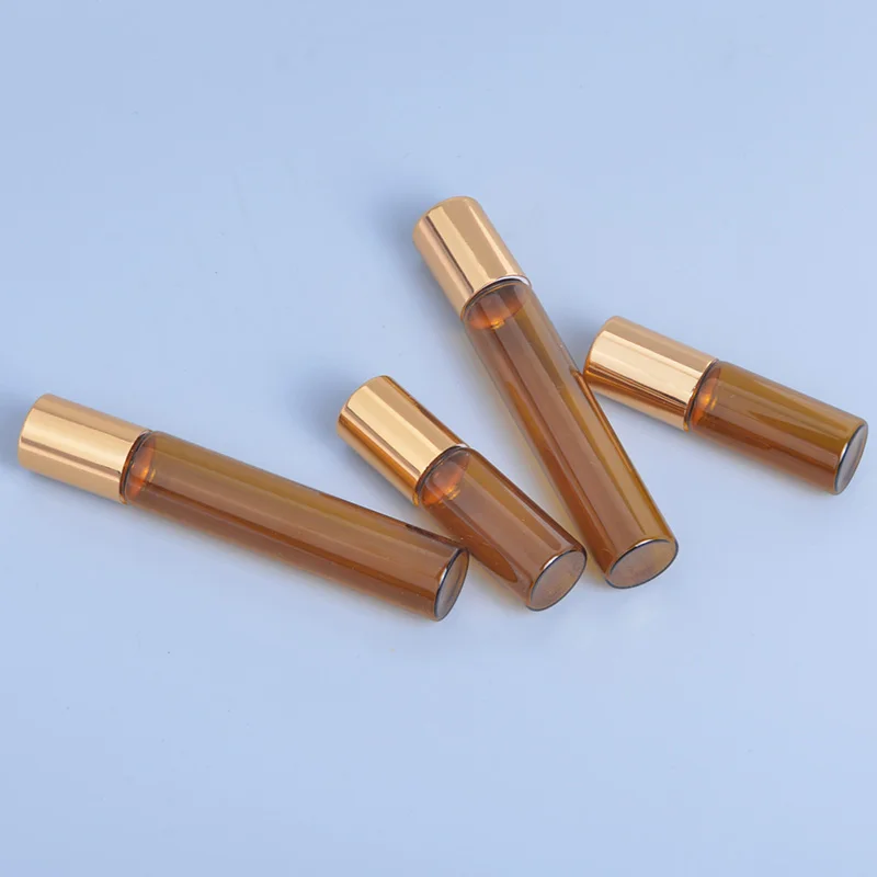 

MUB - 5pcs 5ml 10ml Refillable Essential Oil Amber Thin Glass Bottle Gold Cap Steel Ball Fragrance Parfum Bottles
