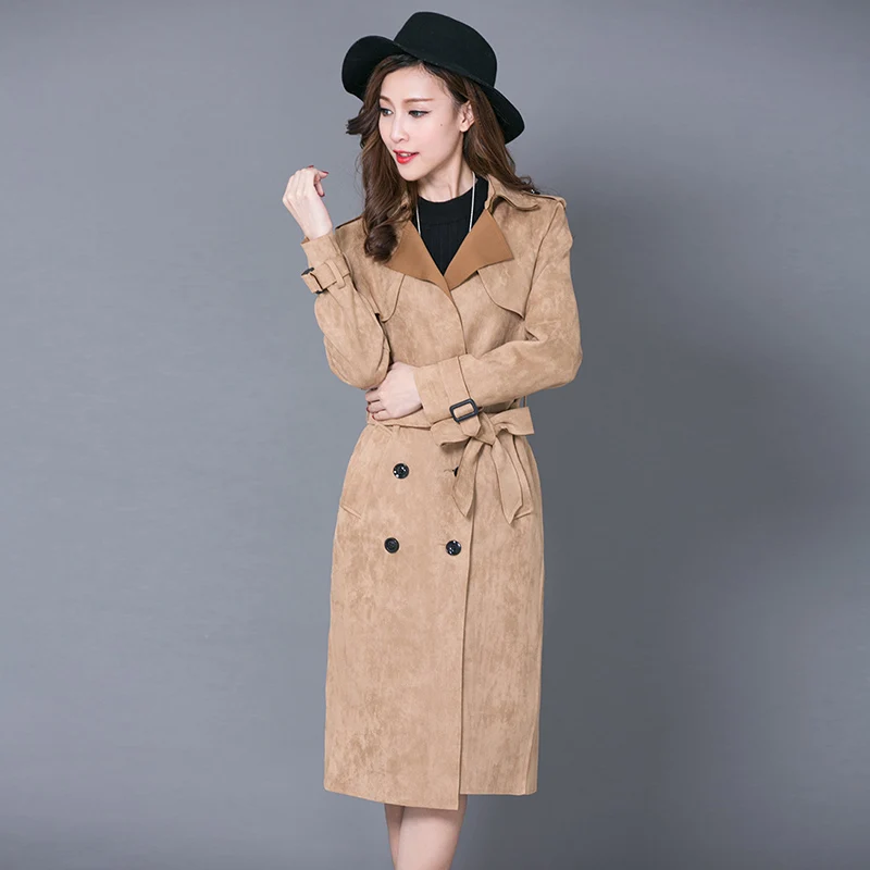 Двубортный Новый женский замшевый длинный Тренч кардиган на весну и осень тонкое