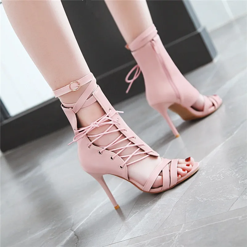 Женские босоножки на высоком каблуке YMECHIC черные розовые с перекрестной