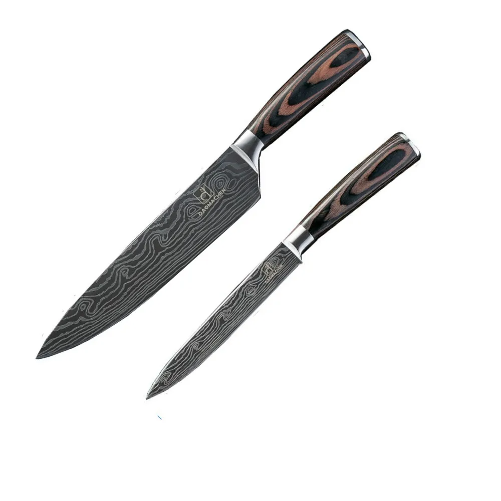 2 pcs Дамасские кухонные ножи, ножи из нержавеющей стали, цветные ножи с деревянной ручкой для очистки овощей, сантоку, нож для нарезки повара - Цвет: 2 pcs