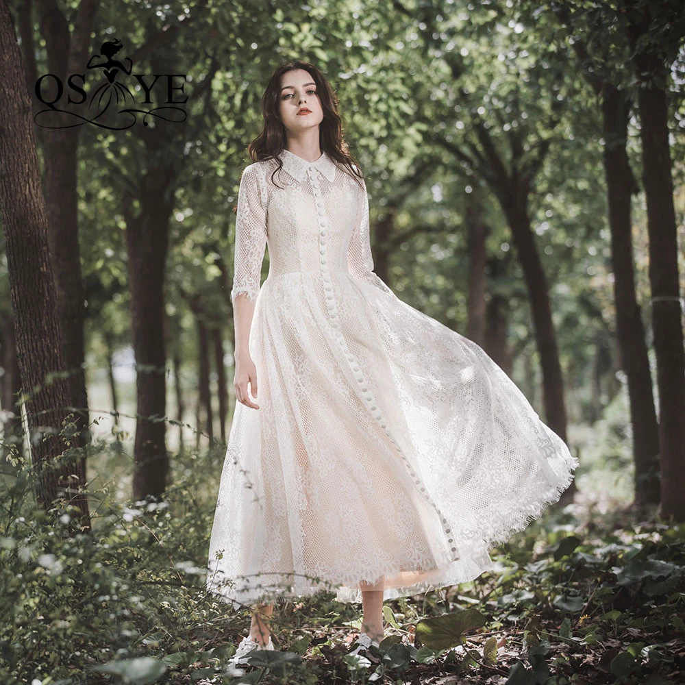 Женское прозрачное кружевное платье QSYYE недорогое свадебное средней длины со