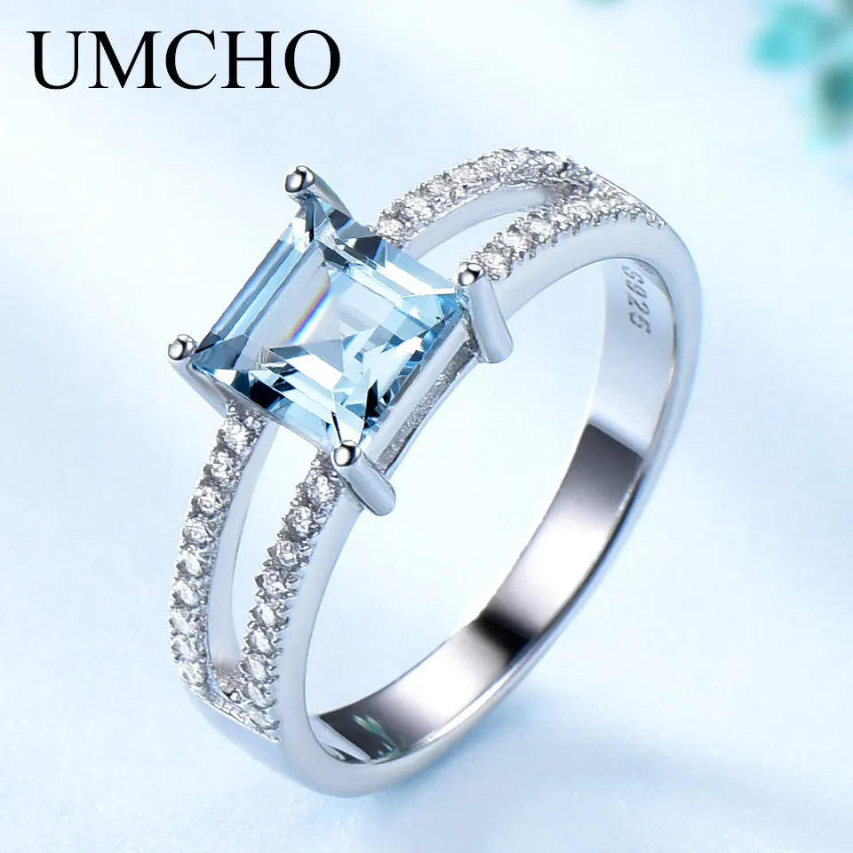 

UMCHO Solid 925 Sterling Silver Jewelry Created Nano Sky Blue Topaz Rings For Women Cocktail Ring Wedding Party Fine Jewelry