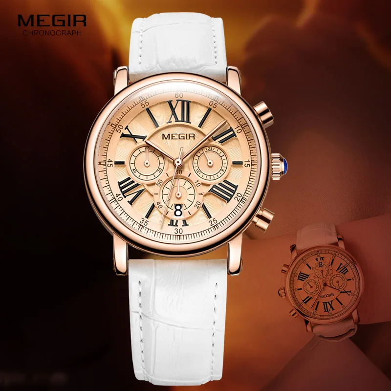 

Megir Woman's Chronograph Quartz Watch with 24 Hours and Calendar Display White Leather Strap Wrist Stopwatches for Ladies 2058L