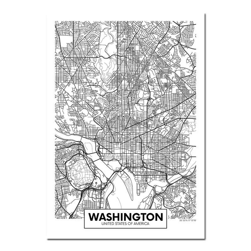Washington Черный, белый, Роттердам, Лондон, Нью-Йорк, столица, город, карта, холст, плакат, настенное искусство, печать, живопись, скандинавские декоративные картины, Декор - Цвет: Washington