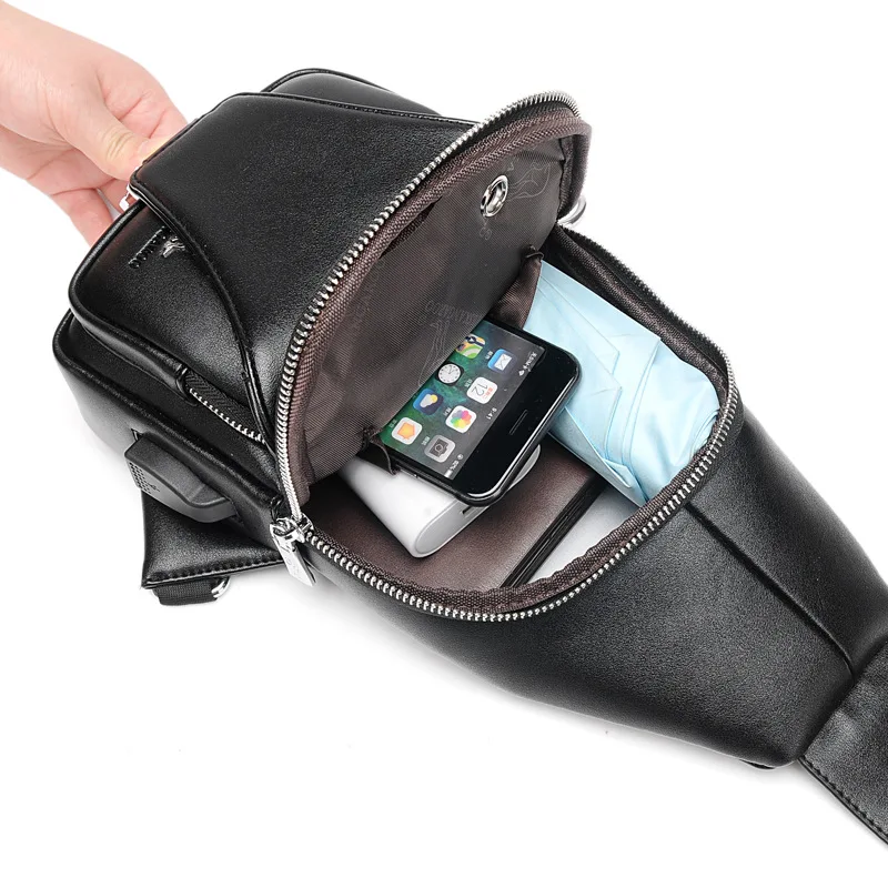 Мужская кожаная нагрудная сумка Kagaroo черная мессенджер с двумя карманами и USB