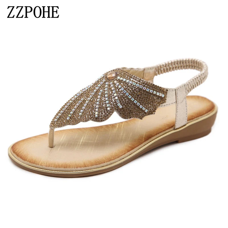 

ZZPOHE/женская летняя обувь; модные кожаные женские сандалии; богемные шлепанцы со стразами; женские Вьетнамки; повседневные пляжные сандалии на плоской подошве