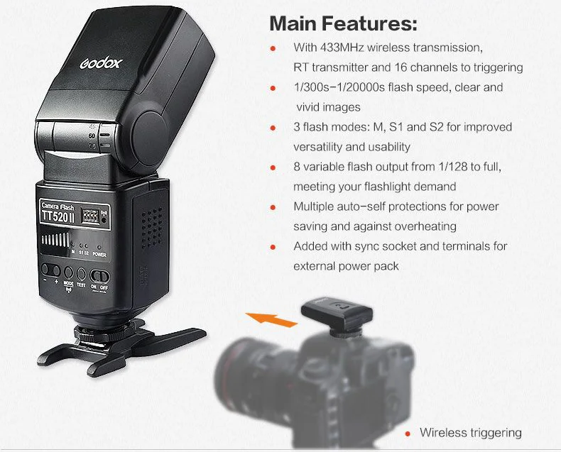 Godox TT520ii вспышки встроенный беспроводной сигнал Thinklite 433 МГц GN33 камера Вспышка