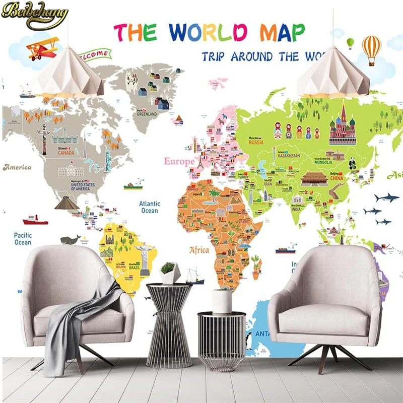Фотообои с изображением карты мира из мультфильма детская комната картина кофе 3D