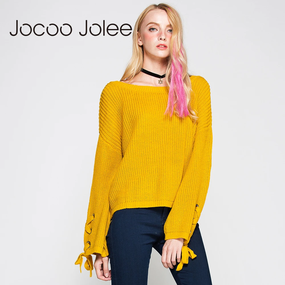 

Повседневный трикотажный свитер Jocoo Jolee с круглым вырезом, женский джемпер, вязаный женский свитер на шнуровке с рукавами, пуловер на осень-з...