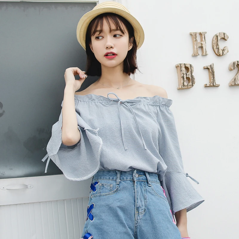 Лето Harajuku блузка с вырезом лодочкой лук Flare рукавом плед пуловер рубашка Для