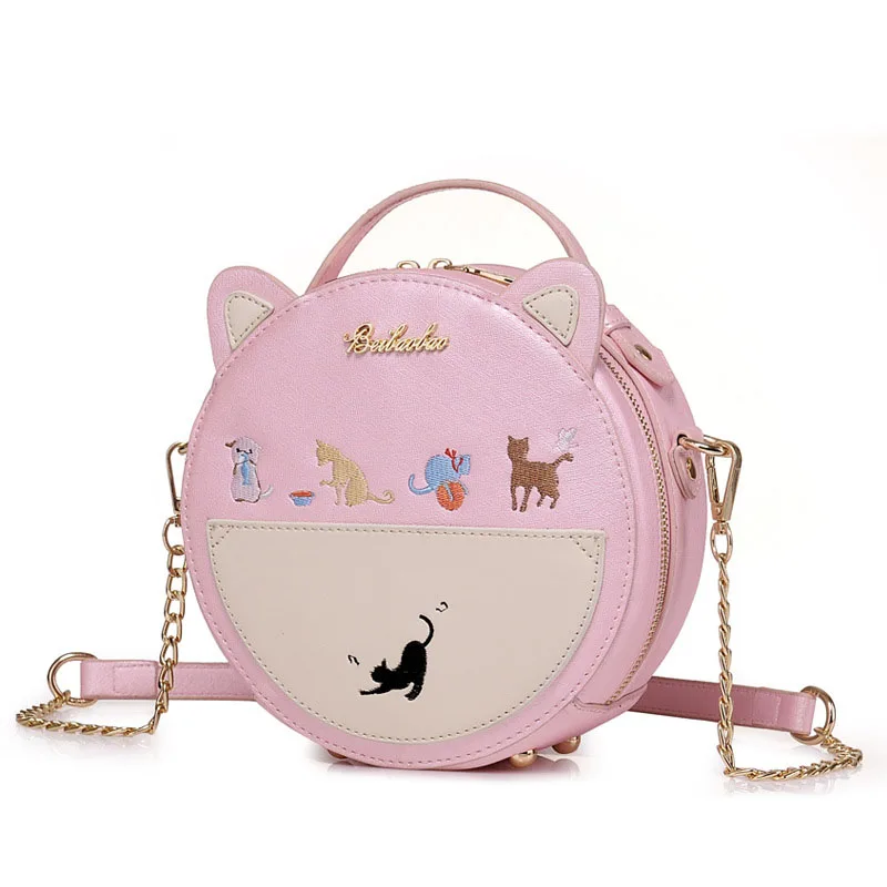 Pink Cute Embroidery Cat Messenger Bag Women Small Circular Ears Crossbody Bags Teenage Girls Chain Shoulder Bag Mini Handbag XA25B - Цвет: Pink