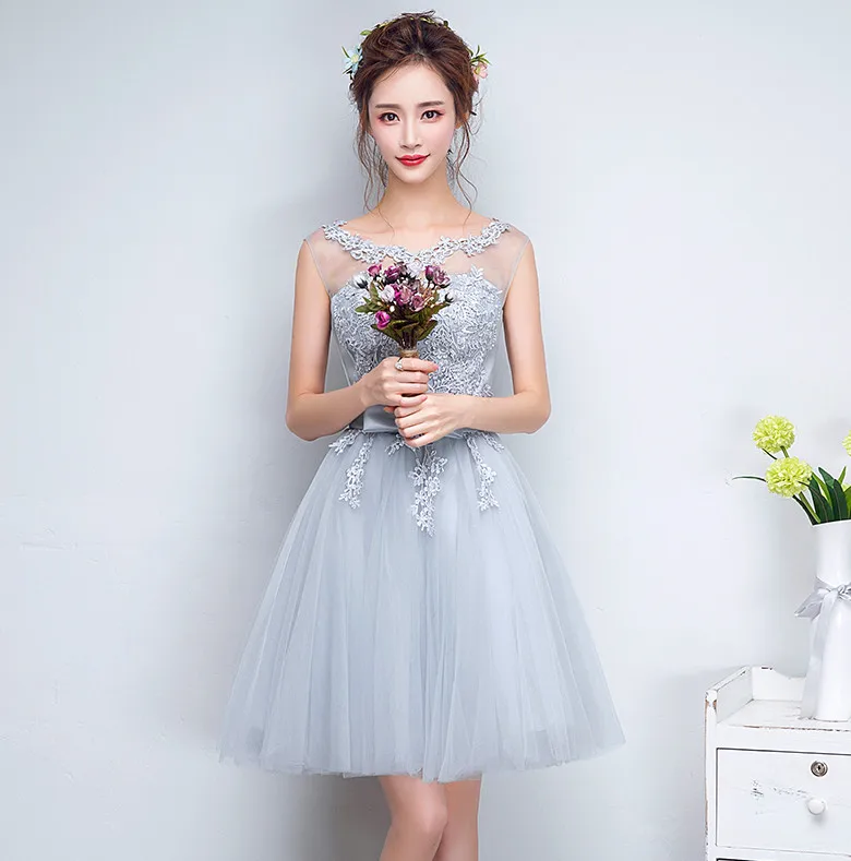 Vestido de festa/Новинка; кружевные платья подружки невесты цвета шампань; короткое платье без рукавов с цветочной вышивкой; дешевый Выпускной вечернее платье; платье до 50 - Цвет: grey