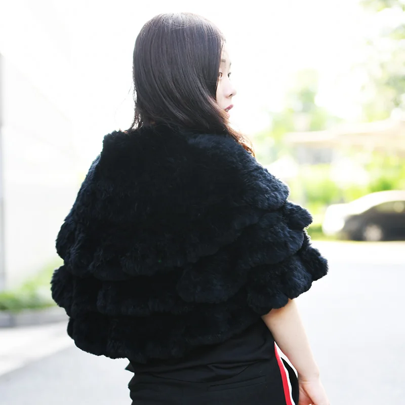 CX-B-19 2018 Real Women Fashion Style Knitted Shawl Ladies Rabbit Fur Cape | Wraps