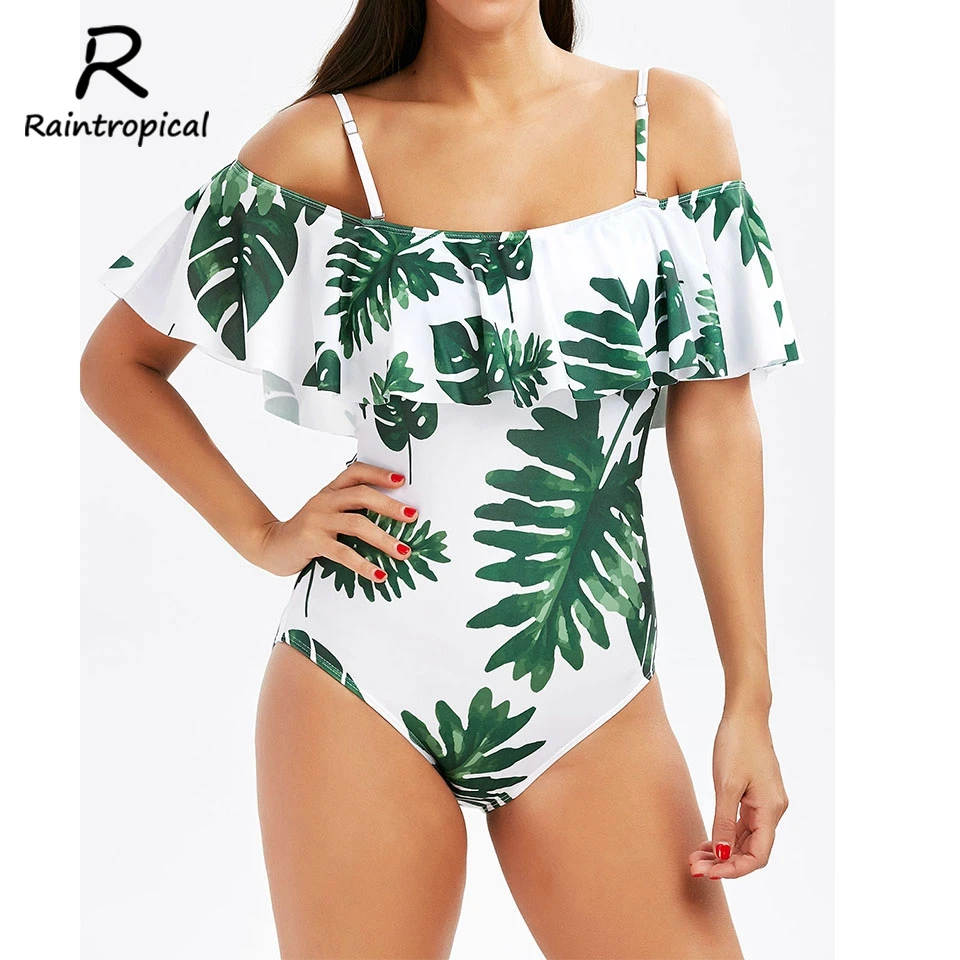 Женский Цельный купальник с открытыми плечами Raintropical монокини оборками