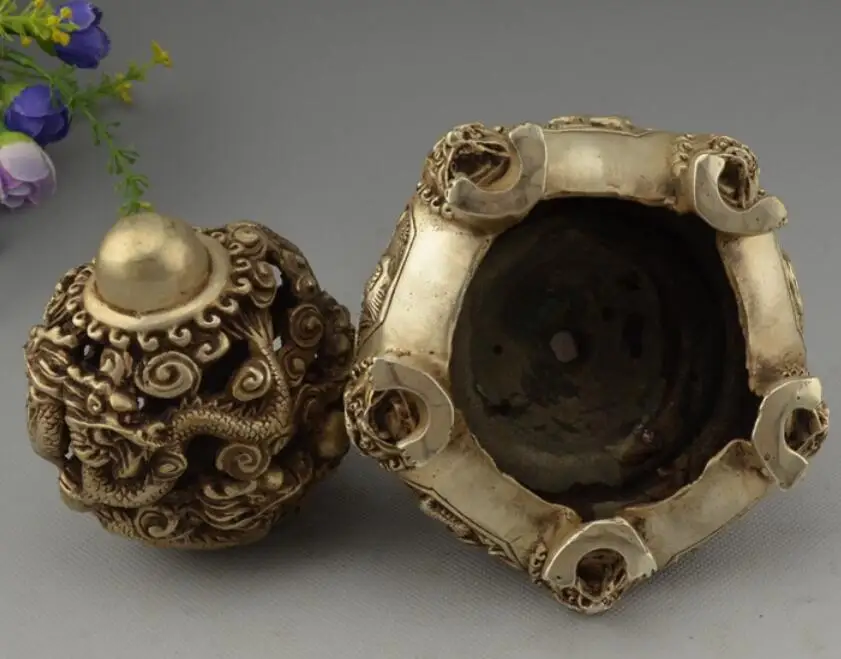 

Chinese Silver Fengshui Two Dragon Loong Play Bead Statue Auspicious Ball