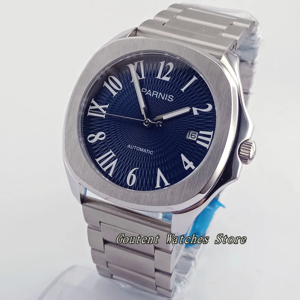 39 мм Parnis нержавеющая сталь синий/белый циферблат сапфир 21 jewels Miyota 8215