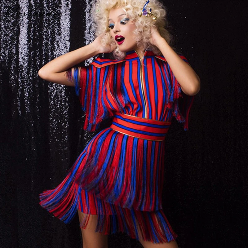 Женское вечернее платье с коротким рукавом Ocstrade красное и синее мини в полоску