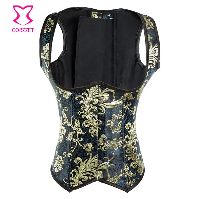 

Gold/Blue Embroidery Vintage Oriental Royal Sexy Bustier Top Steel Boned Waist Trainer Underbust Corset Vest Steampunk Corsets