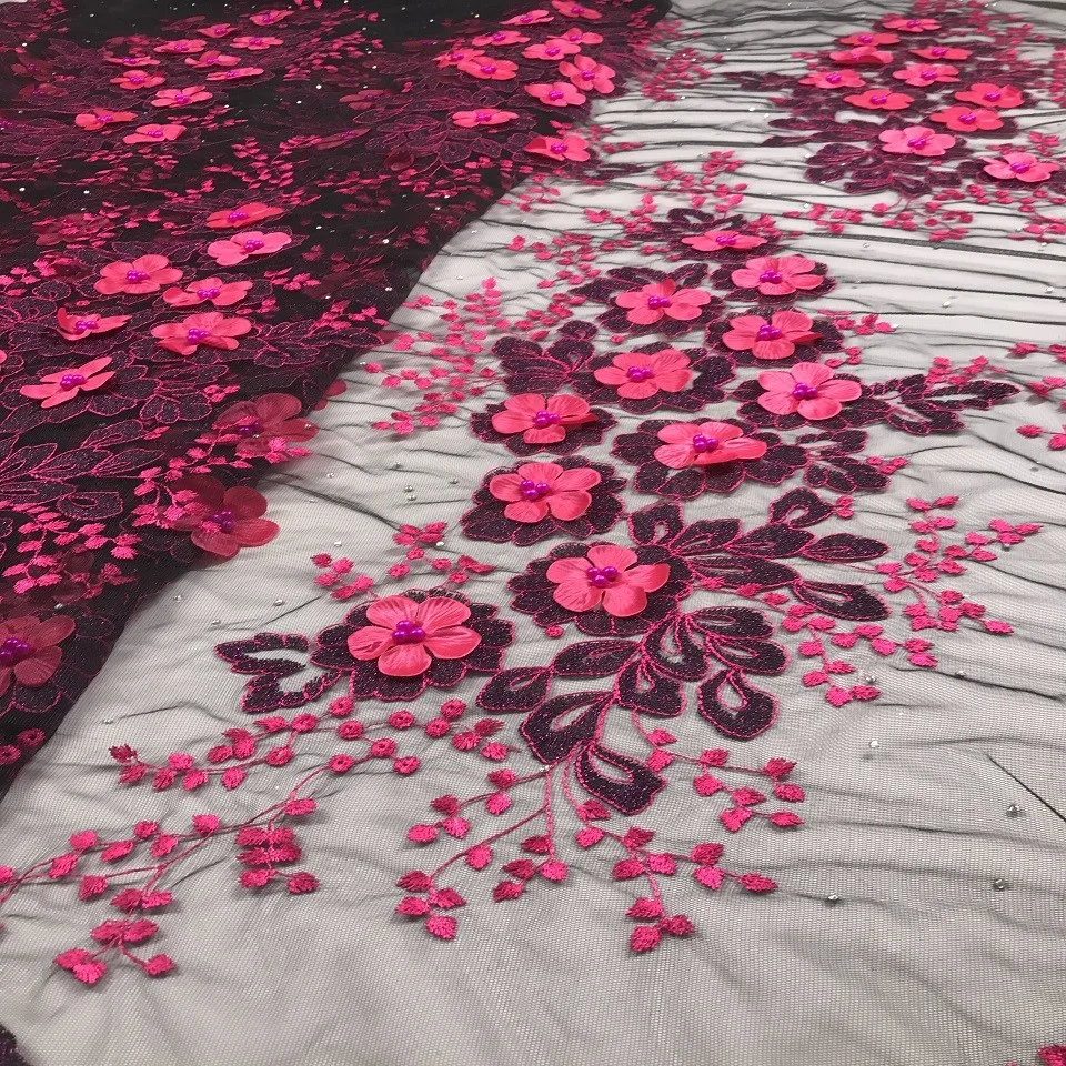 Персиковый цвет тюль кружевная ткань 3D цветок Высокое качество камни красивая