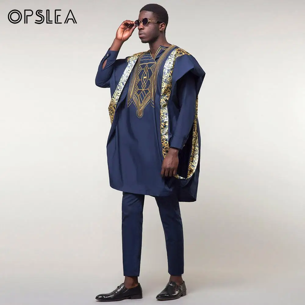 Opslea Agbada Африканский для мужчин печатных размера плюс рубашка Дашики Базен Riche костюмы Топы Брюки 3 шт. наборы Slim Fit формальный наряд Одежда