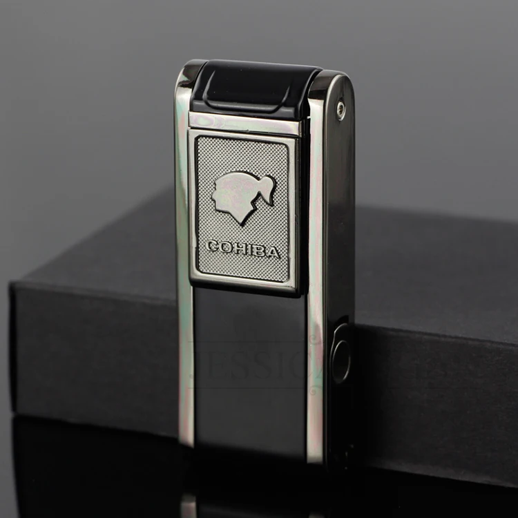 COHIBA Gadgets 2 Fire Flame Jet фонарь Зажигалка для сигар многоразовые ветрозащитные газовые зажигалки с бутаном с сигары удар подарочная коробка - Цвет: Black