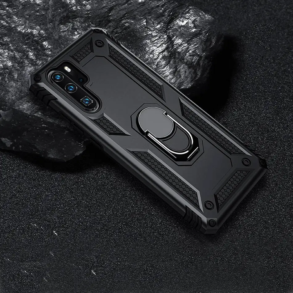 Black Роскошный армированный чехол с металлическим кольцом для huawei P30 Pro P Smart, противоударный чехол для huawei P30 Lite Honor 10, мягкий чехол - Цвет: Black