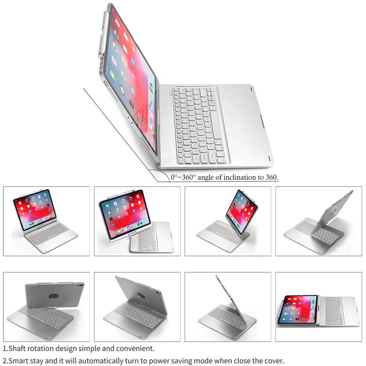 For iPad Pro 12.9 Inch Tablet Case USA Keyboard Smart Cover 360 degree rotating Bluetooth Keyboard Smart Sleep Tablet Case