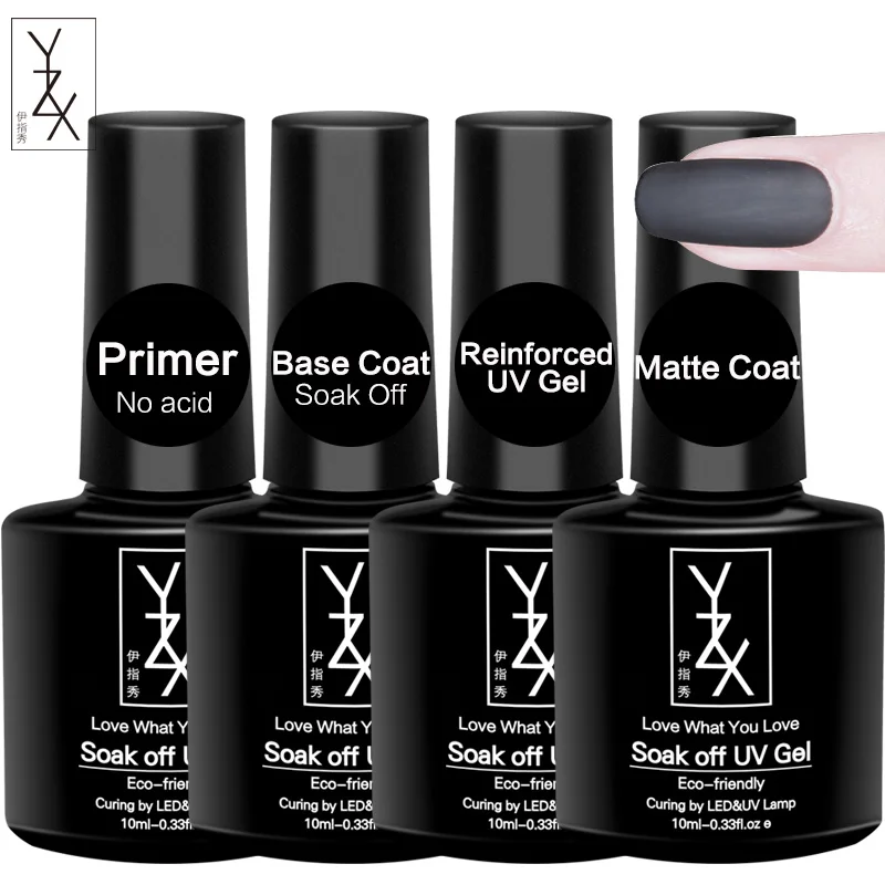 YZX 4 бутылки/набор 10 мл Дегидратор для ногтей Prep праймер гель+ отклеить УФ-Базовое покрытие+ Укрепляющий гель+ матовое верхнее покрытие лак маникюрный лак