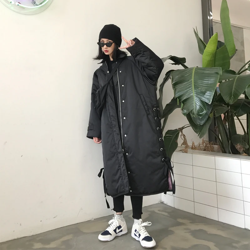 Fashion long side tie with a coat of cotton women thickened loose black joker. | Женская одежда