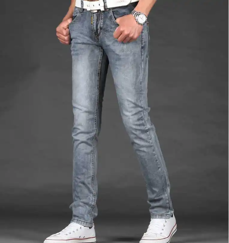 Осенние дымчато серые джинсы мужские легкие эластичные тонкие джинсовые длинные